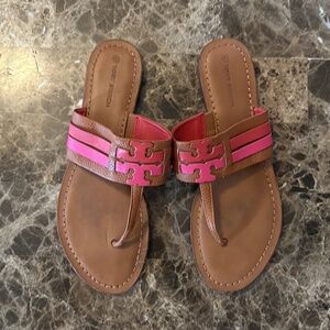 Tory Burch Leigh Ambra Carnelian Azalea Leather Thong Sandal Size 10